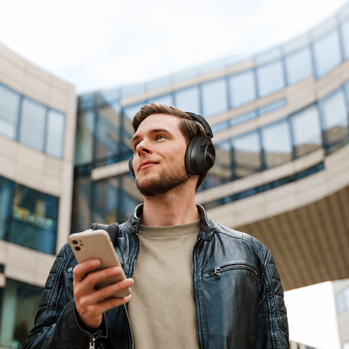 Focus A6 headphones worn outdoors beside a modern building
