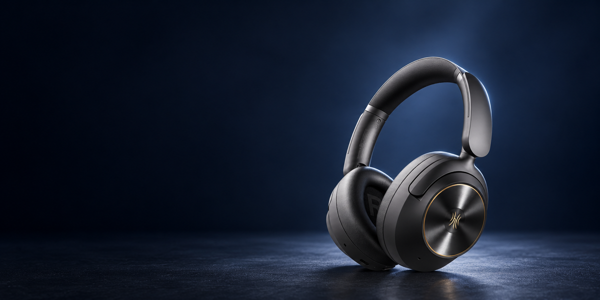 Black Focus A6 headphones with brushed metal earcups and gold detailing
