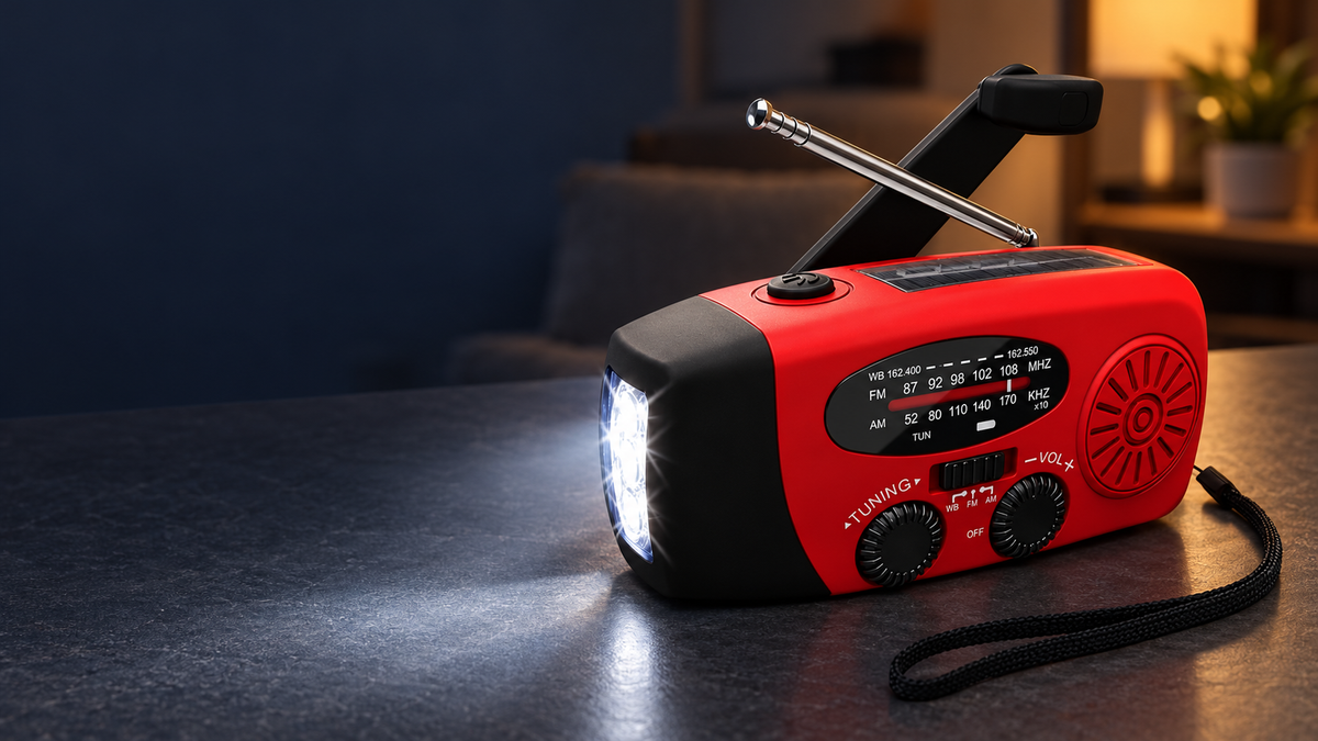 Red solar and hand-crank emergency radio on a dark tabletop