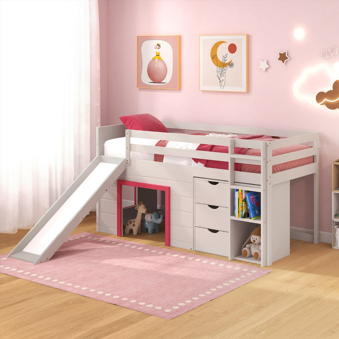 Single Size Pine Wood Loft Bed with Slide and Ladder and Game House-