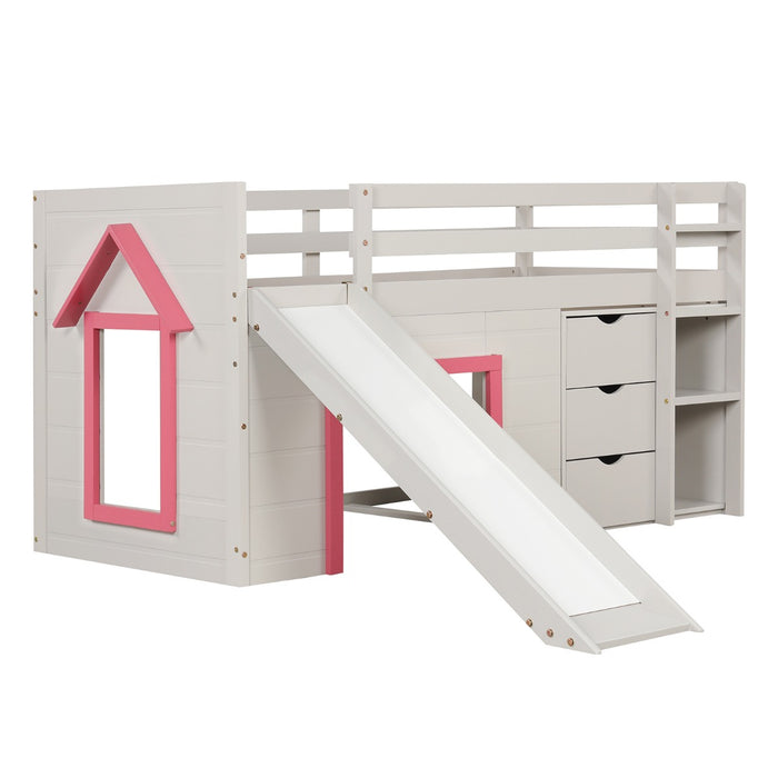 Single Size Pine Wood Loft Bed with Slide and Ladder and Game House-