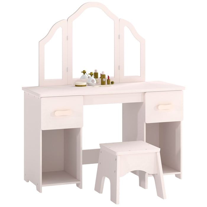 AIYAPLAY Kids Dressing Table, Kids Vanity Table and Chair Set with Tri-Folding Mirror, 2 Drawers, 2 Cabinets for Girls 3+, Pink