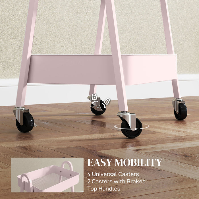 HOMCOM Three-Tier Storage Trolley - Pink