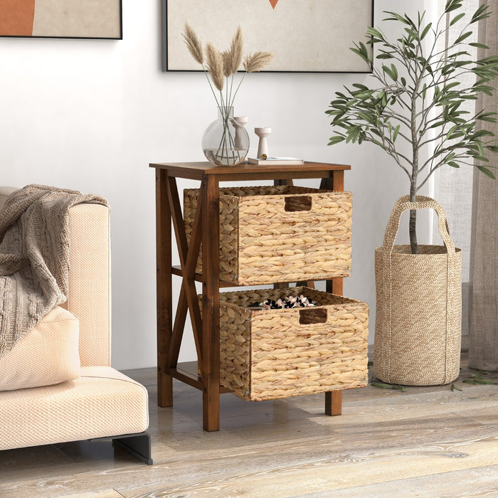 Sofa Side Table with Seagrass Baskets and Rubber Wood X-Shaped Frames and Acacia Wood Legs-Rustic Brown-3-Tier