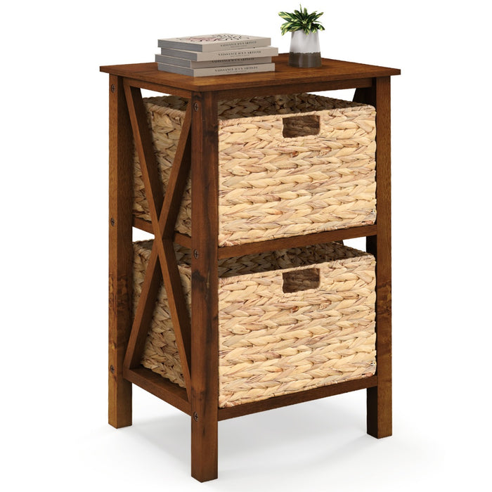 Sofa Side Table with Seagrass Baskets and Rubber Wood X-Shaped Frames and Acacia Wood Legs-Rustic Brown-3-Tier