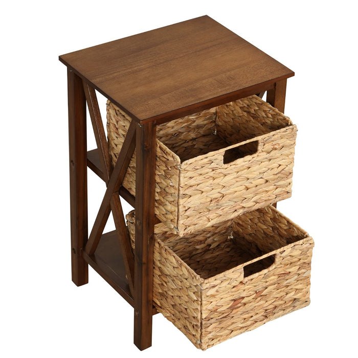 Sofa Side Table with Seagrass Baskets and Rubber Wood X-Shaped Frames and Acacia Wood Legs-Rustic Brown-3-Tier