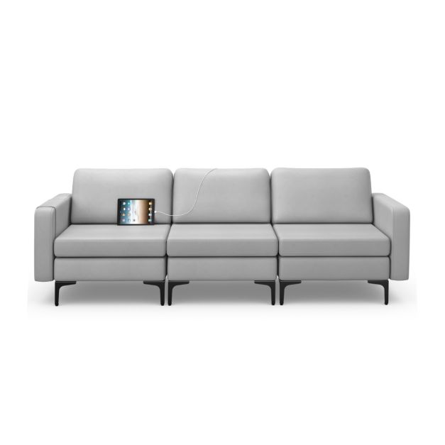 3-Seat Sofa with Magazine Caddy - Light Grey Couch Featuring Socket and USB Charging Ports - Perfect for Contemporary Living Spaces and Technology-Integrated Homes