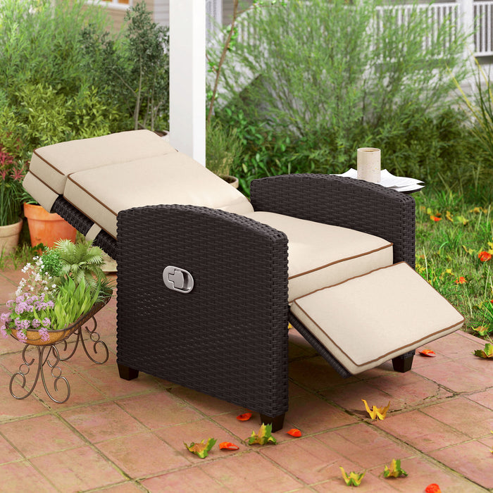 Outsunny Rattan Garden Recliner Chair, Adjustable Backrest Reclining Rattan Chair with Flip Table, Cushion and Footrest, Indoor Outdoor Lounge Reclining Sun Lounger for Patio, Dark Brown/Khaki