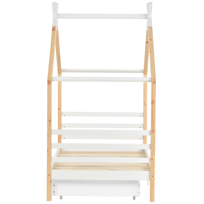 House Tree Canopy Single Bed - Solid Pine & MDF Frame with Guard Rails and Storage Drawers - Kids Bedroom Furniture with Playful Design, 200x96x183 cm, Natural Finish