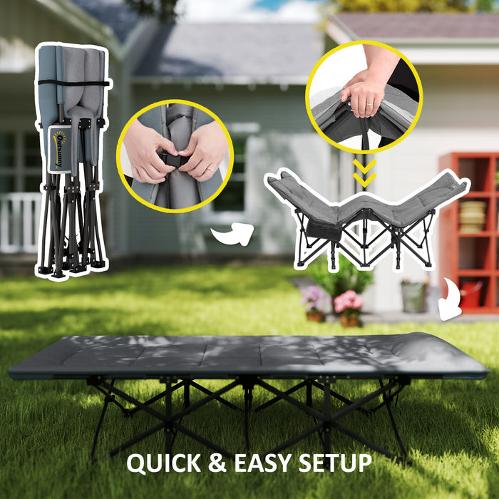 Outsunny Folding Camping Bed for Adults with Cushion, Heavy Duty Portable Travel Camping Cot with Headrest, Side Pocket and Non-Slip Foot Pads for Outdoor Beach Travel Office, Grey