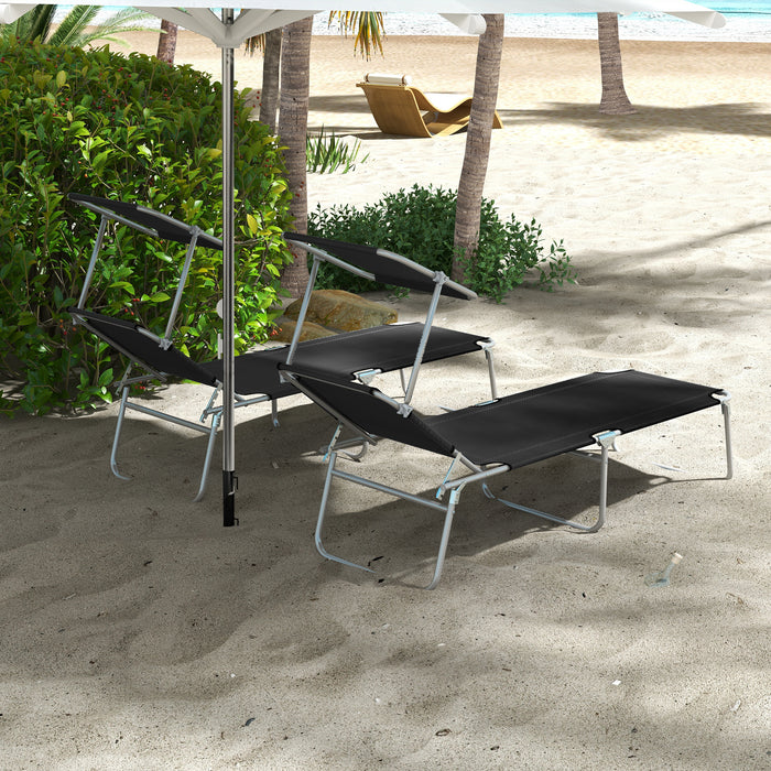 Outsunny Foldable Sun Lounger Set of 2 with Sun Shade & Adjustable Backrest - Black