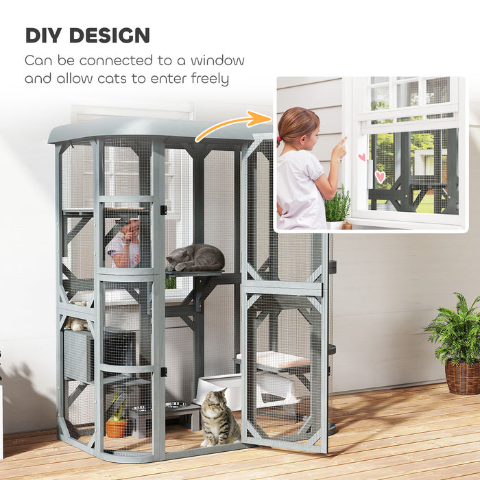 PawHut Catio Outdoor Cat Enclosure,  Wooden Cat House with Platforms, Condo and Waterproof Cover for 2–3 Kittens, Grey