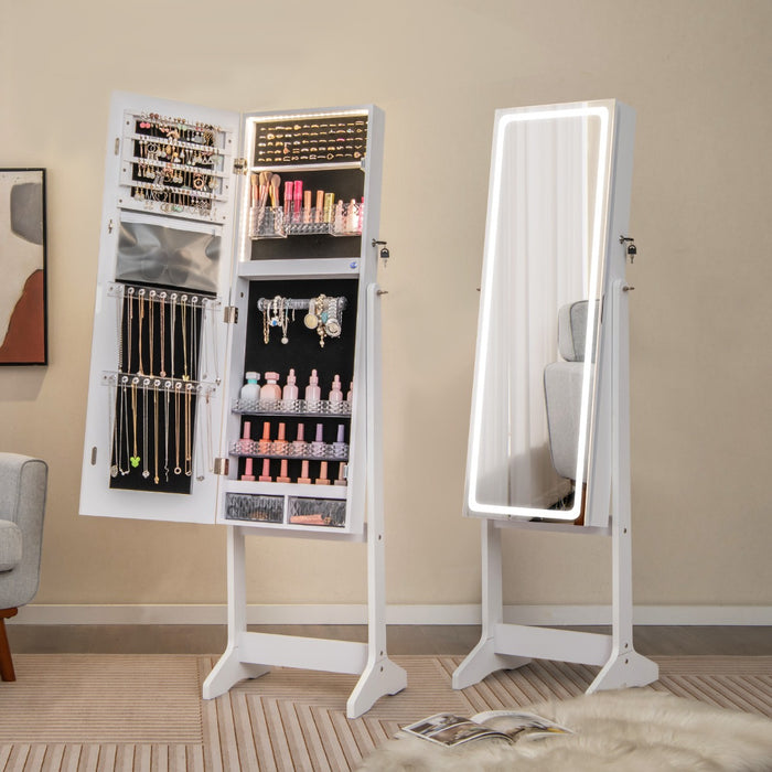 Standing Jewelry Cabinet with LED Lights Lipstick Box and 2 Drawers-Walnut