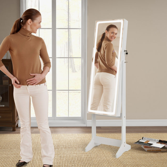 Standing Jewelry Cabinet with LED Lights Lipstick Box and 2 Drawers-Walnut
