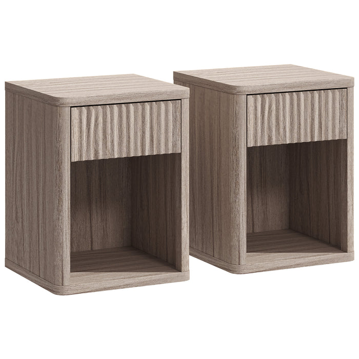 HOMCOM Modern Bedside Table Set of 2, Bedside Cabinet with Drawer and Open Shelf, Side End Table, Nightstand for Bedroom, Oak
