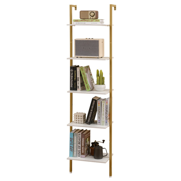5-Tier Ladder Shelf Wall Mounted Bookshelf with Metal Frame-White & Golden