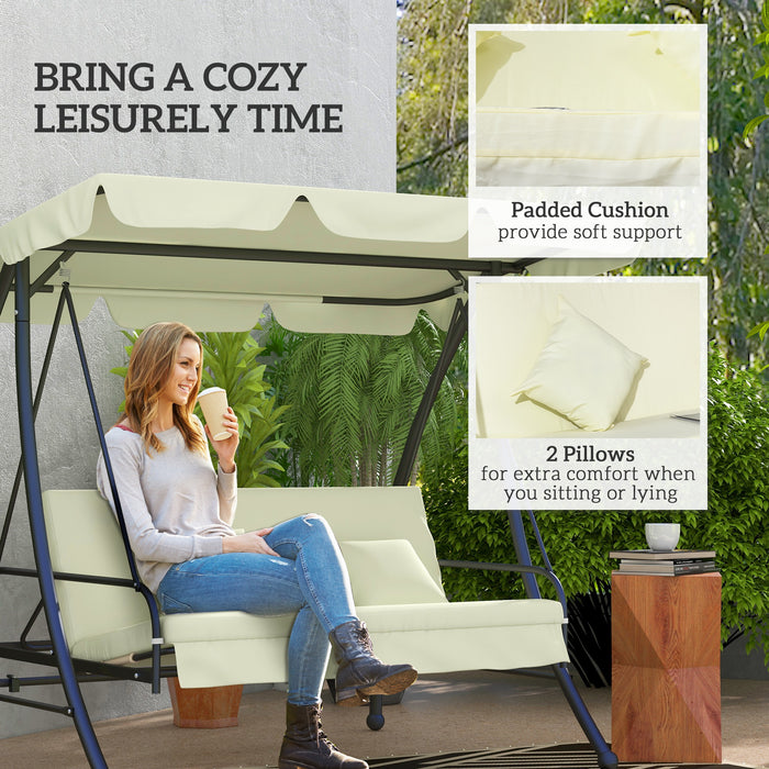 3-Seater Garden Swing Chair with Adjustable Canopy - Comfortable Outdoor Patio Lounger - Ideal for Backyard Relaxation, Cream White
