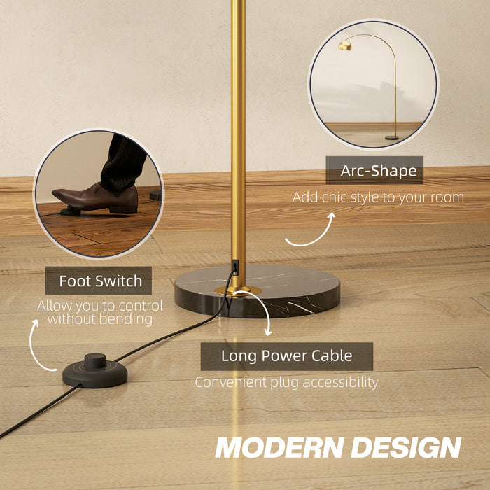 HOMCOM 180cm Arc Floor Lamp for Living Room, Home Offices, Bedrooms, Modern Standing Lamp with Foot Switch, Faux Black Marble Base and Black Bell Shade, Gold Tone
