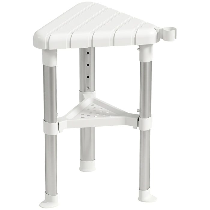 HOMCOM Shower Stool, Aluminium Alloy Corner Shower Chair with Storage Shelf and HDPE Seat, Adjustable Height, White