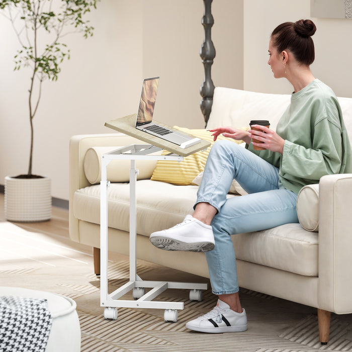 HOMCOM C-Shaped Sofa Side Table, Height Adjustable Overbed Table with Tilting Desktop, Mobile Laptop Desk for Living Room Bedroom, Oak and White