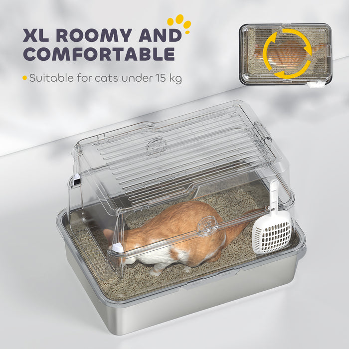 PawHut Extra Large Stainless Steel, Cat Litter Tray with Scoop, Flip Top