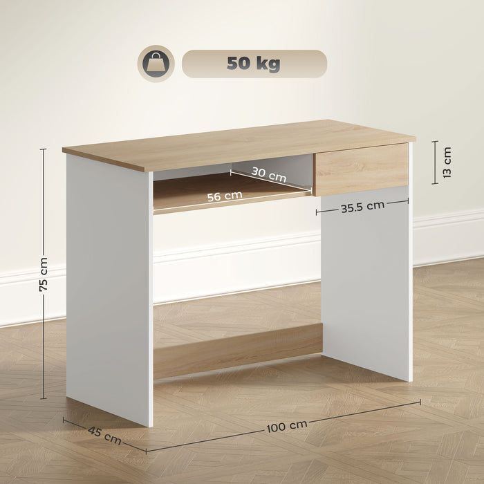 HOMCOM Compact Computer Desk with Keyboard Tray, Home Office Desk with Drawer for Bedroom Study, Oak