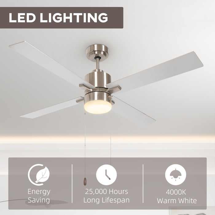 Ceiling Fan with LED Illumination - Dual-Finish Reversible Blades and Pull-Chain Operation - Sleek Silver Design for Modern Home Lighting