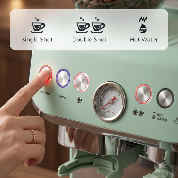 HOMCOM Bean to Cup Coffee Machine, Espresso Machine with Integrated Bean Grinder & Steam Wand, Light Green