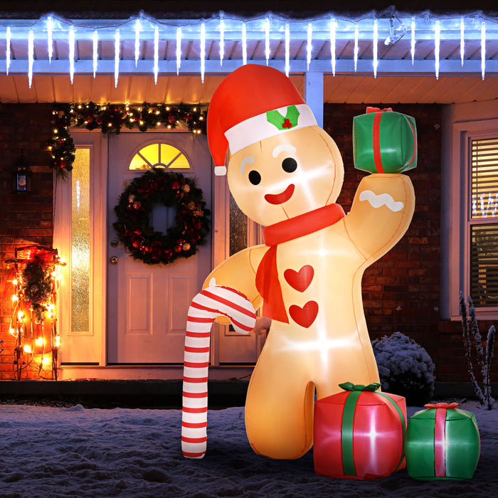 Outsunny 8FT Christmas Inflatable Gingerbread Man with Candy Cane and Three Gift Bags, Christmas Blow Up Outdoor LED Display for Garden Party