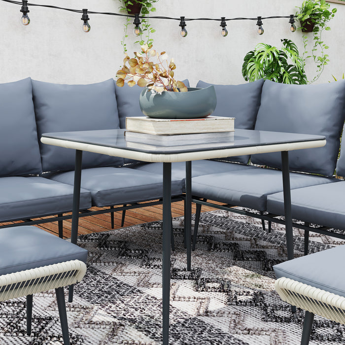 Outsunny 6 Piece Garden Furniture Set, Garden Corner Sofa Set with Thickened Cushions, Outdoor Patio Furniture Set with Glass Top Table, Footstools for Conservatory, Light Grey