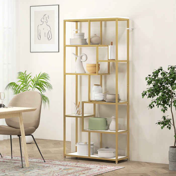 HOMCOM Seven-Tier Geometric Bookcase - White/Gold Tone