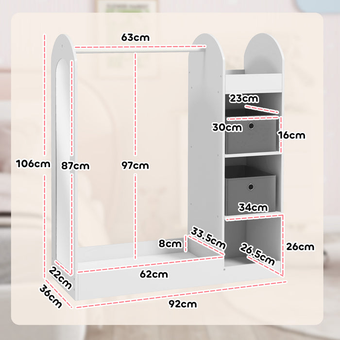AIYAPLAY Kids Clothes Rail with Storage Shelf, Boxes, Mirror for Bedroom, Nursery, White
