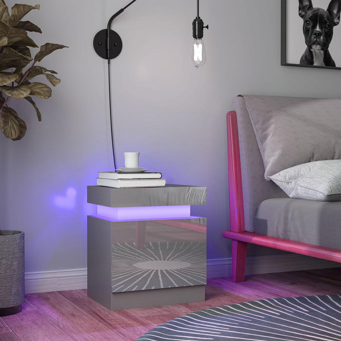 HOMCOM Grey Bedside Table with LED Light, High Gloss Front Nightstand with 2 Drawers, for Living Room, Bedroom