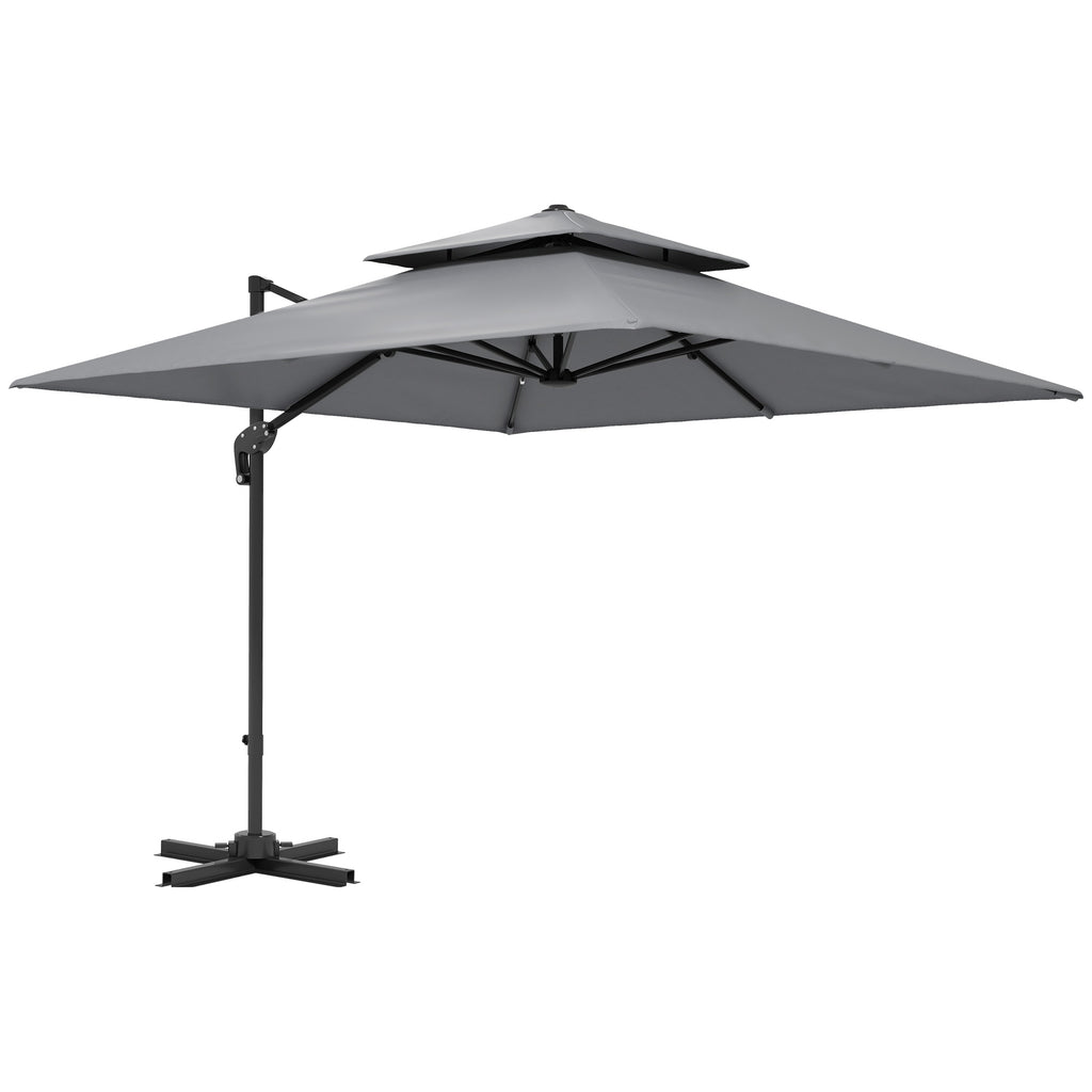 Outsunny 3 x 3(m) Cantilever Parasol with Aluminium Frame, Crank and Tilt, 360° Rotation, Double Top Garden Umbrella with Base and Cover, Light Grey