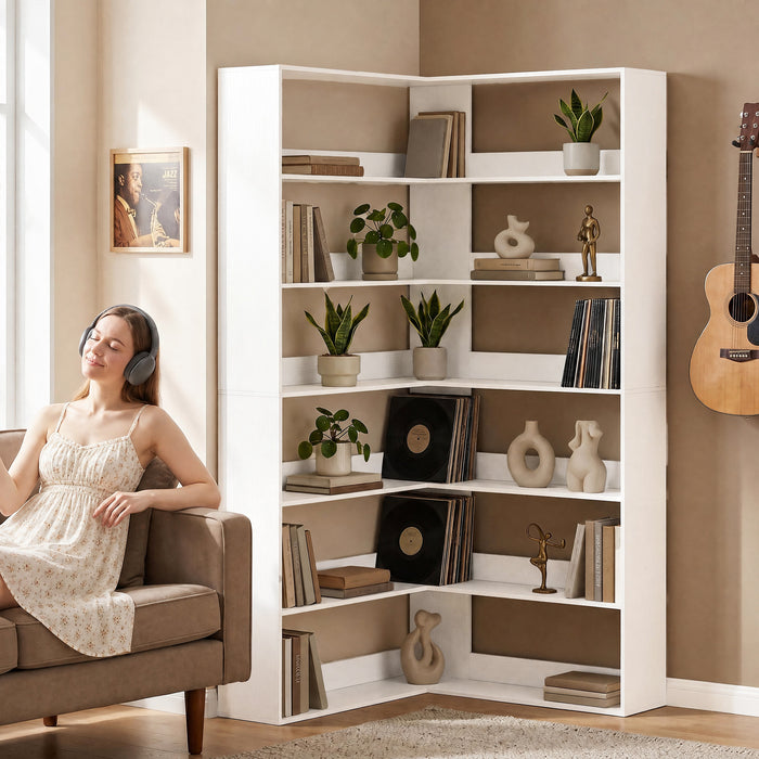 HOMCOM 7 Tiers Bookshelf, L-Shaped Corner Bookcase with Anti-Slip Rear Guard, White Wood Effect