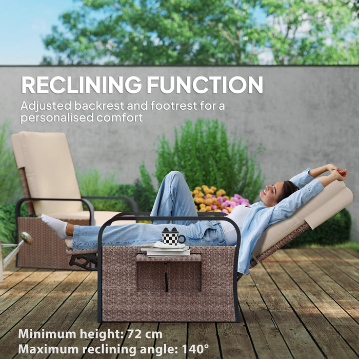 Outsunny Rattan Garden Recliner Chair, Reclining Rattan Chair with Adjustable Backrest and Footrest, Outdoor Lounge Sun Lounger with Cushion, Side Tray and Aluminium Armrests, Brown/Khaki