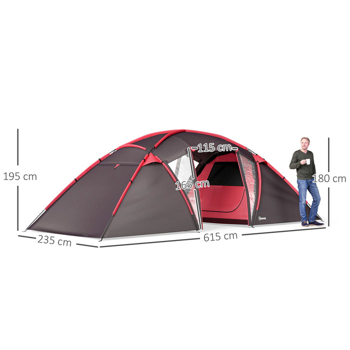 Outsunny 4-6 Man Family Camping Tent w/ 2 Bedrooms and a Living Room, Waterproof Tunnel Tent w/ Sewn In Groundsheet, Doors, Windows, Carry Bag, Grey