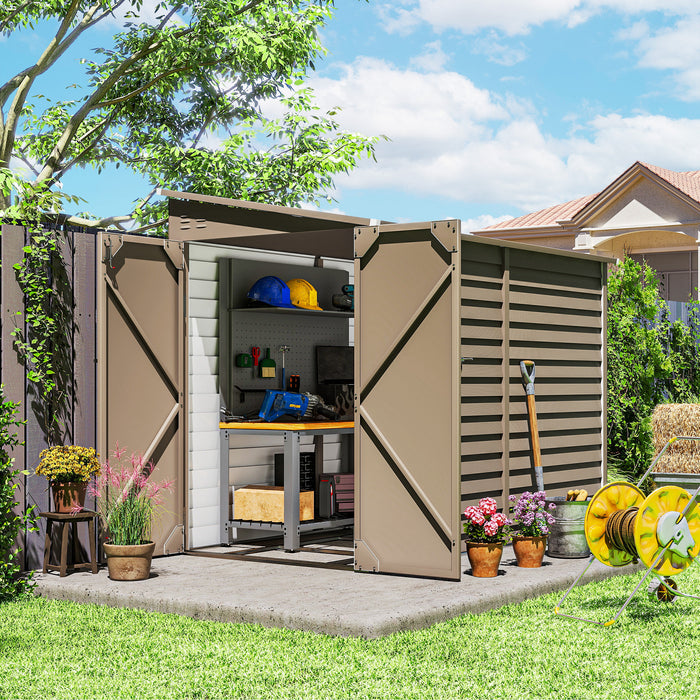 Outsunny 5 x 9ft Galvanised Metal Garden Shed with Foundation Kit, Outdoor Lean-to Shed, Tool Storage House with Lockable Doors, Gloves and 2 Air Vents for Patio, Garden, Brown