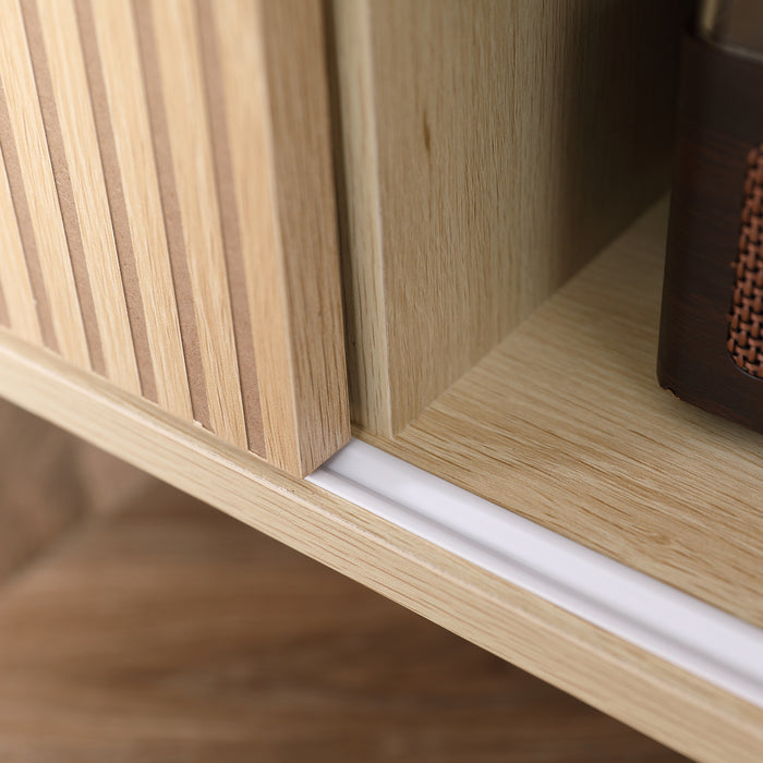 HOMCOM TV Stand Cabinet, TV Unit for TVs up to 50", TV Cabinet with Storage Shelves, Sliding Doors and Cable Holes for Living Room, Bedroom, Natural Wood Finish