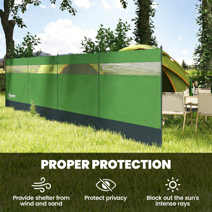 Outsunny Camping Windbreaker with Clear Windows, Carry Bag and Steel Poles, for Beach Caravan Campervan, 725 x 140cm, Army Green