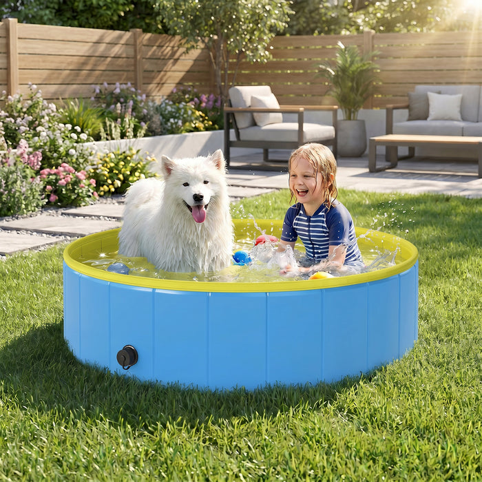 PawHut Foldable Dog Pool for Puppies and Ducks Dog Paddling Pool Bath Tub, Blue, 120 x 30cm