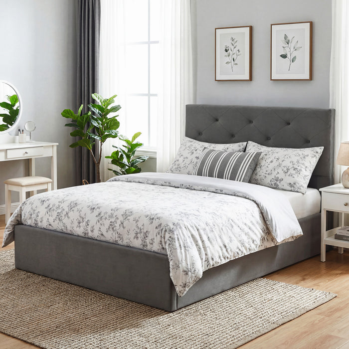 HOMCOM Double Bed Frame Gas End Lift Under Bed Storage Upholstered Platform Bed Tufted Headboard for 140 x 190 cm Mattress