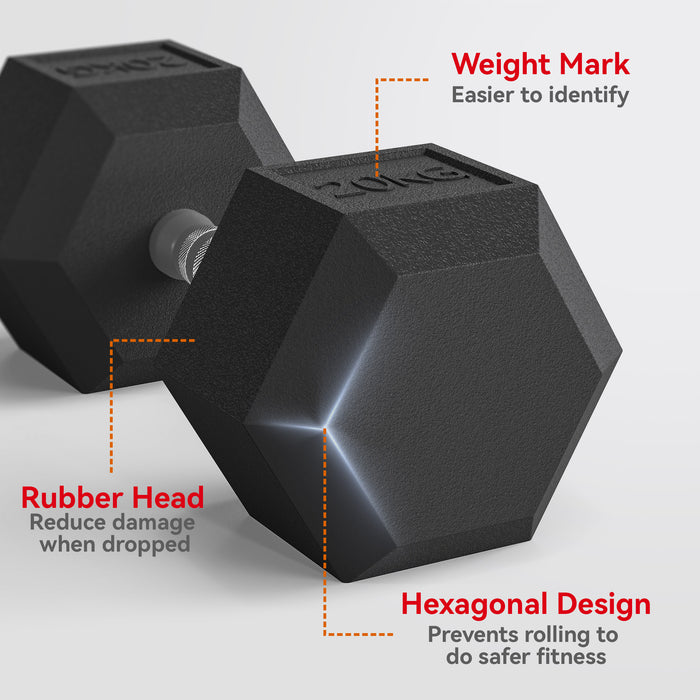 HOMCOM 2x20KG Rubber Hex Dumbbell Portable Hand Weights Dumbbell Home Gym
