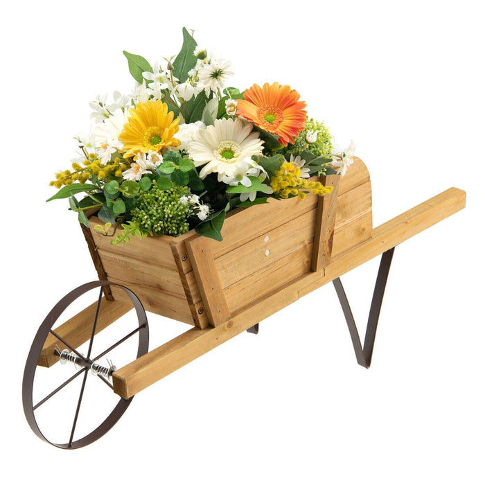 Wooden Wagon Planter Stand Wheelbarrow Flower Cart Garden Decoration-