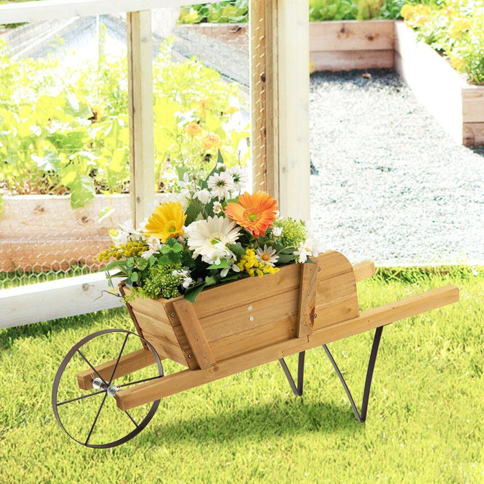 Wooden Wagon Planter Stand Wheelbarrow Flower Cart Garden Decoration-