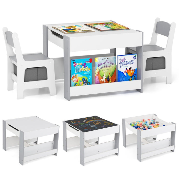 4 in 1 Kids Table and Chairs Set with Reversible Tabletop and Bookshelves-