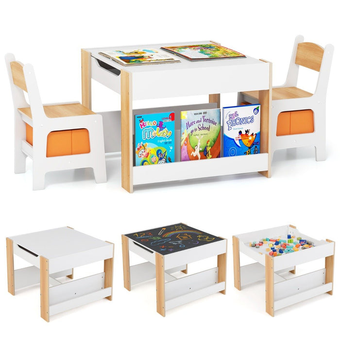 4 in 1 Kids Table and Chairs Set with Reversible Tabletop and Bookshelves-