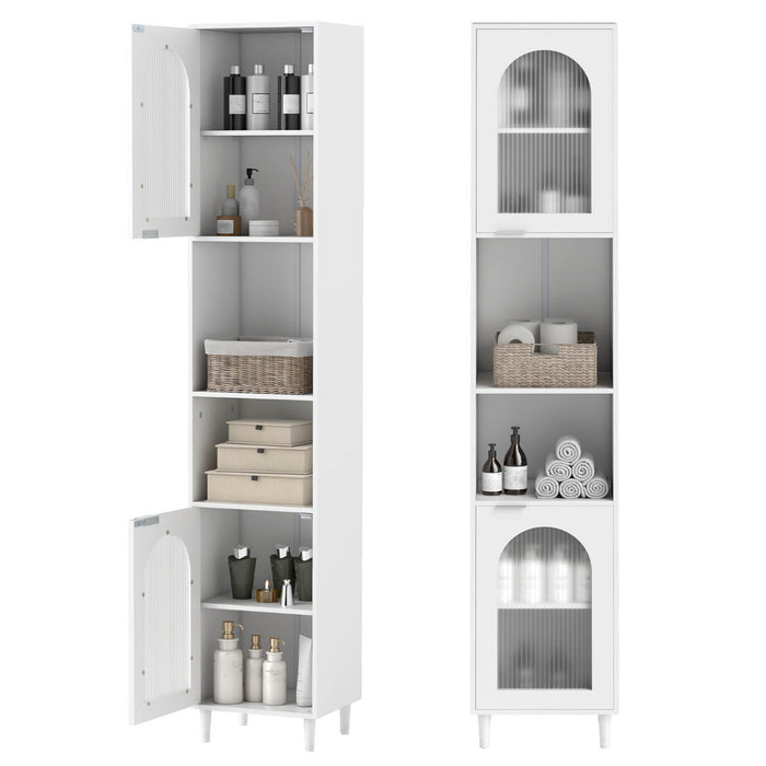 Tall Bathroom Storage Cabinet Narrow Home Organizer with 2 Fluted Glass Doors-White