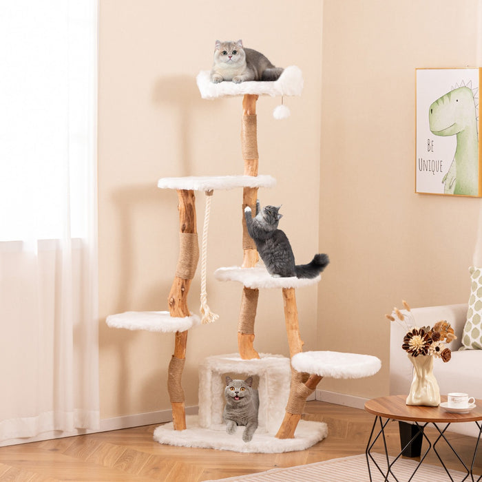 168 cm Tall Solid Wood Cat Tree with Perch Condo and Jute Scratching Posts-
