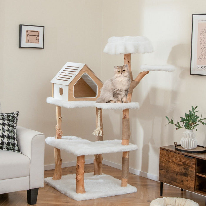 149 cm Tall Solid Wood Cat Tree with 2 Perches Condo and Jute Scratching Posts-